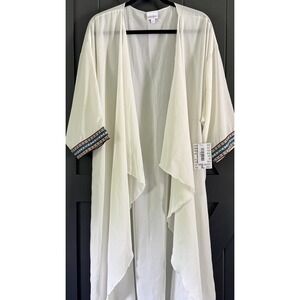 LuLaRoe Shirley Kimono Duster Swim Cover  Open Front Embroidered Trim Cream Sz L